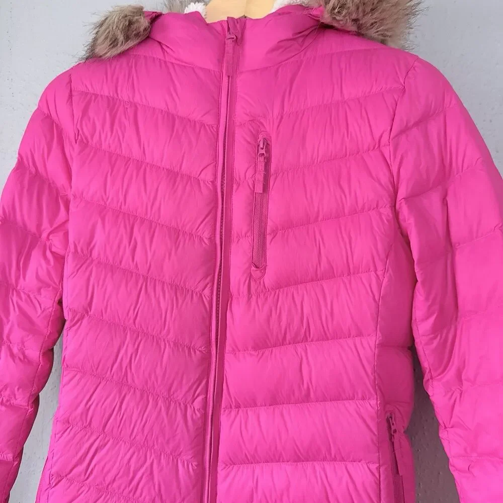 Eddie Bauer Down Parka Jacket Girls L (14) Pink Nylon Sherpa Lined Hooded